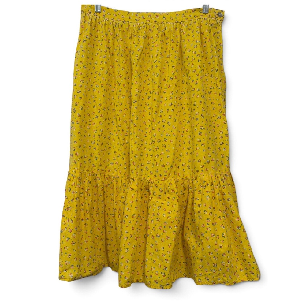 Vintage Yellow Floral Ditsy Tiered Midi Skirt Ruffle Hem Boho Prairie 33 Waist